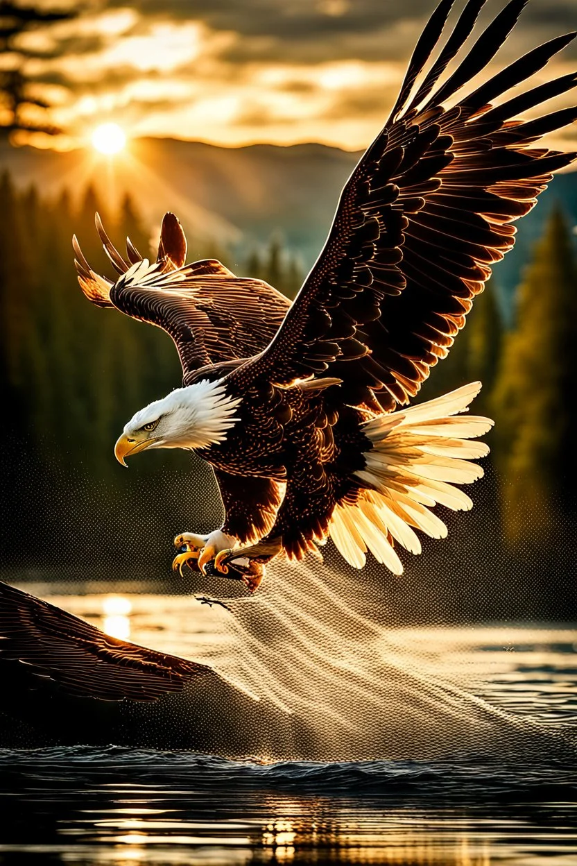 An image capturing a majestic eagle in flight, gripping a large fish in its talons as it soars above a winding river. The sunlight glistens on the water below, and the eagle's powerful wings spread wide against the sky. The scene showcases the eagle's incredible hunting prowess and the dynamic beauty of the natural world.