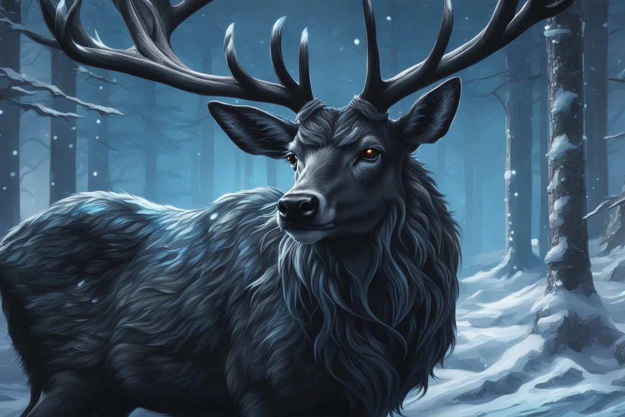 Shadow symbiote in 8k realistic anime drawing style, Deer them, human model, blue neon crystal antlers deer, fantasy snow forest, intricate details, highly detailed, high details, detailed portrait, masterpiece,ultra detailed, ultra quality