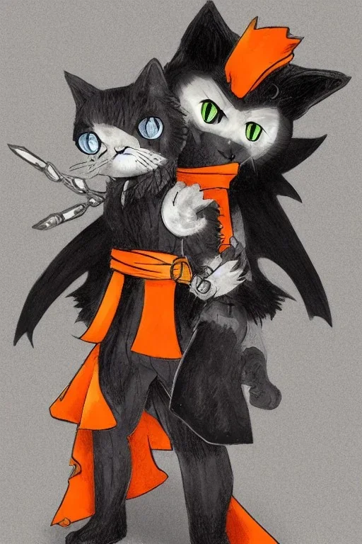 cat 2d, knight, ninja, black fur,full body, orange torn coat,game character, strong, anime, chibi