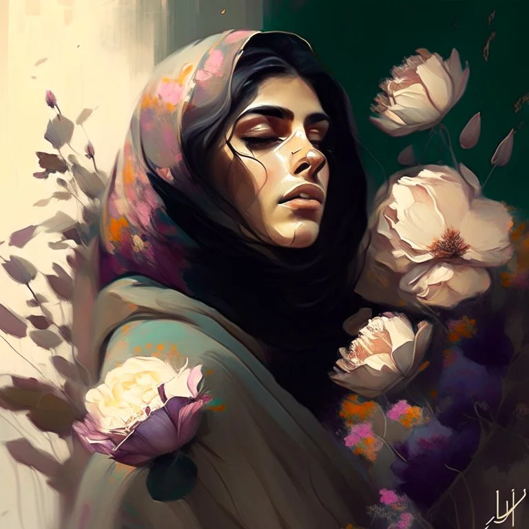 woman, life, freedom, Persian girls, digital art, muted tones, flowers everywhere, REALISTIC