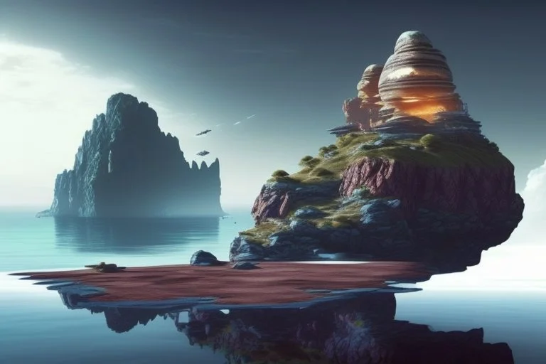 house, exoplanet in the horizon, big stones, cliff, science fiction, epic scene.