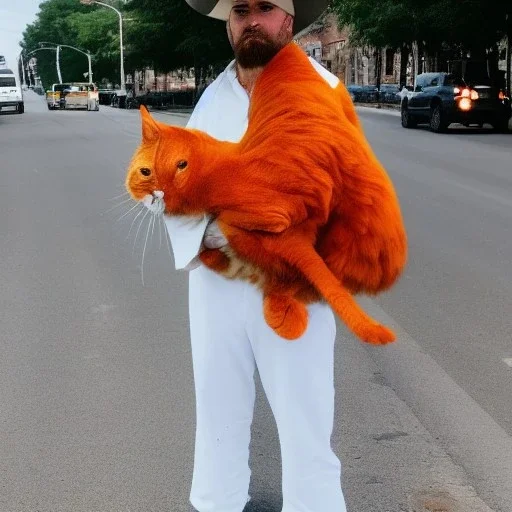 man clothed in white with a brown leather cowboy hat standing at red traffic lights waiting for the cars passing by while holding a orange cat in his arms that is singing the buffalo song