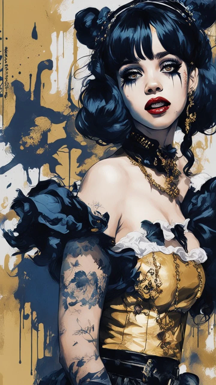 Poster in two gradually, a one side malevolent goth vampire girl face and other side the Singer Melanie Martinez face, full body, painting by Yoji Shinkawa, darkblue and gold tones,