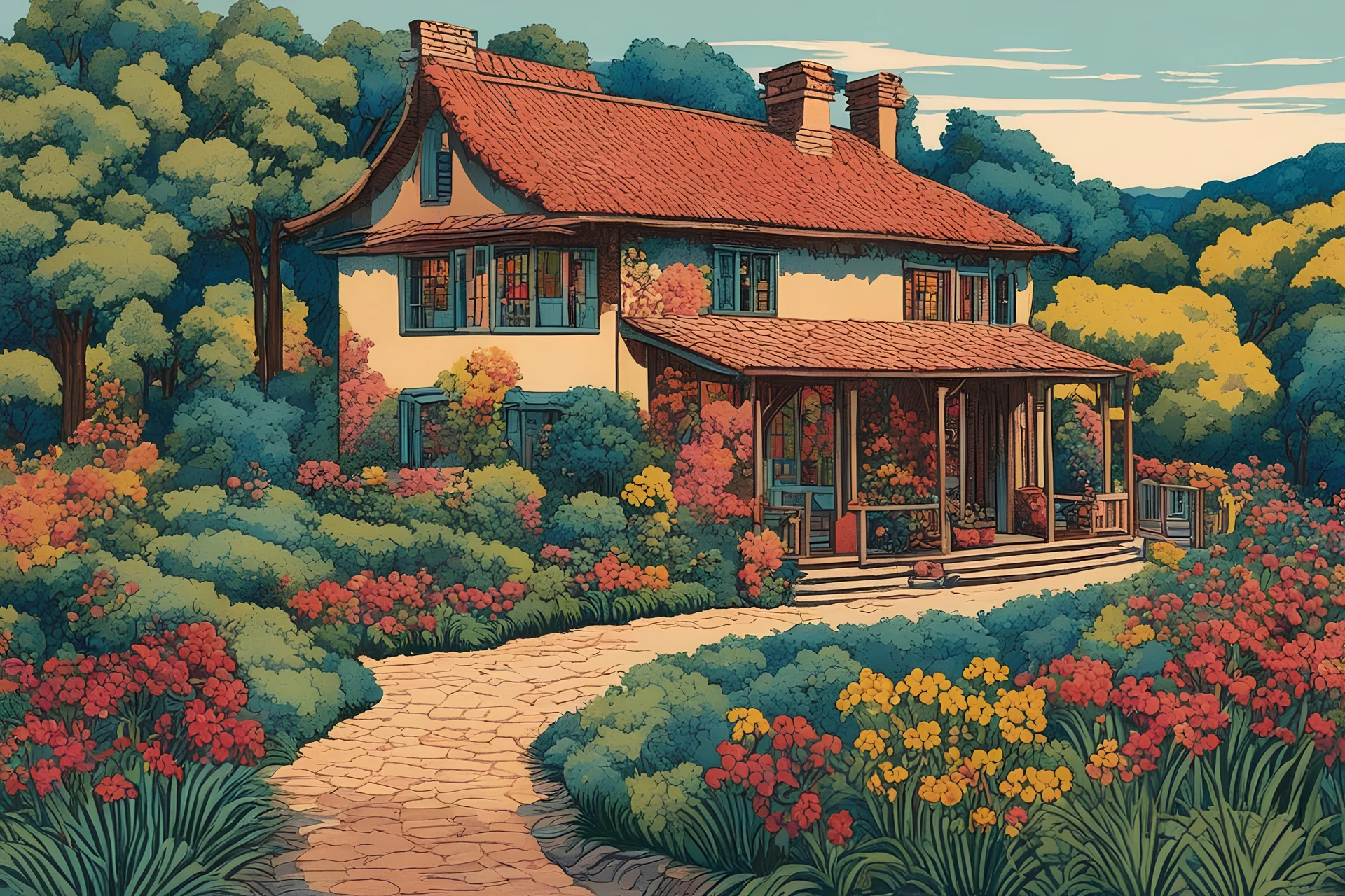 museum quality color woodcut landscape of a fanciful 1920's French country cottage in the style of Gustave Baumann, with a fine art aesthetic, highly detailed, finely cut ,8k render,
