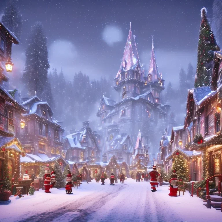 Christmas village, magical, enchanting, wreaths, snow-covered streets, colorful buildings, sparkling, charming, detailed, glittery, shiny, twinkling lights, festive, ornate, traditional, whimsical, Christmastide, highly detailed, hyperrealistic, illustration, Unreal Engine 5,8K