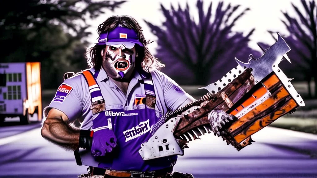 fedex driver holding chainsaw in texas chainsaw massacre style