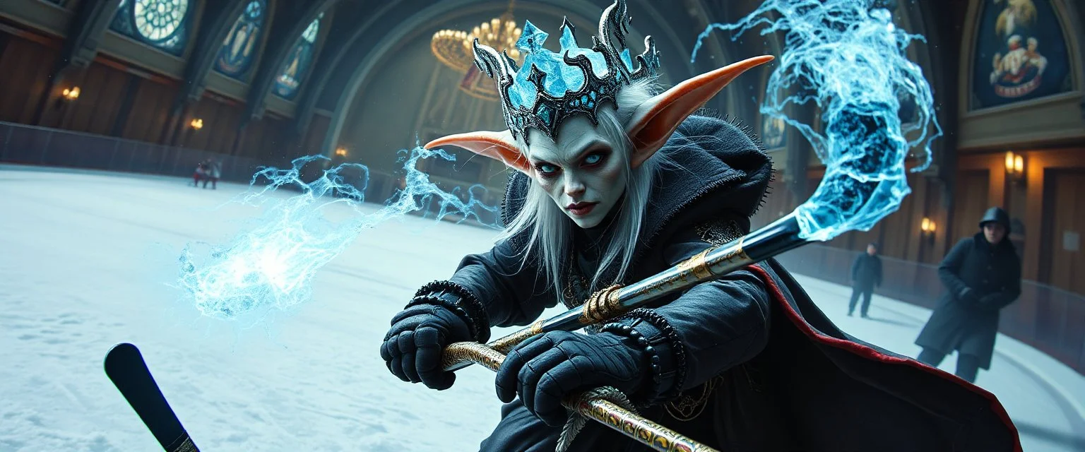 portrait of ice queen with dual wield magical aura hockey staff, pin hole cam, master oil painting by Rembrandt, d&d glam rock and glitter vampire gremlin illithid and lich playing hockey in ice skating hall or church, in the style of giger and escher, sci fi with floating little saucers