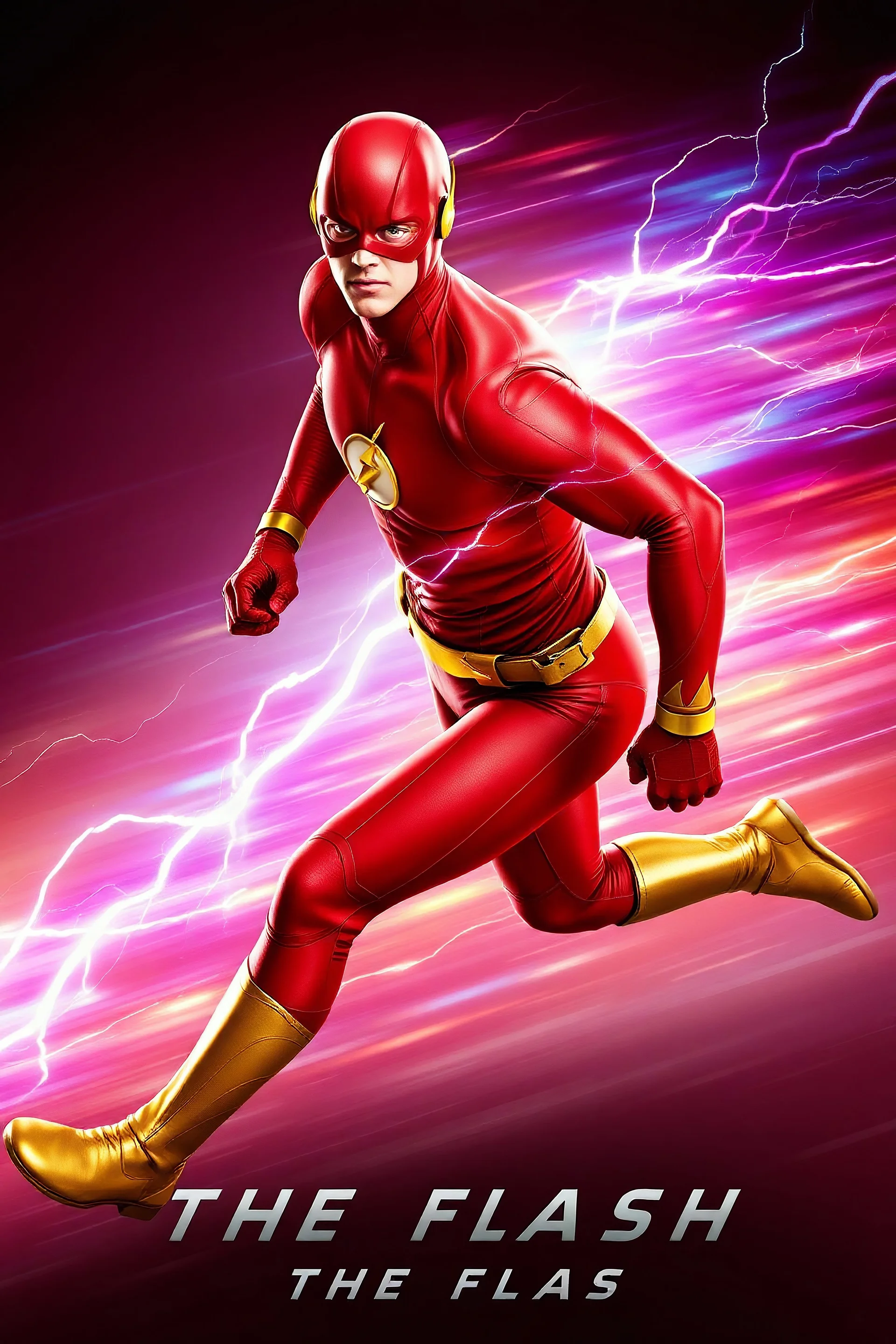 1/4 side view, looking at the viewer, Movie Poster - "THE FLASH" - An athletically built muscular, 7'8" tall man, ((skintight, formfitting, long-sleeved, red spandex bodysuit:1.5)), ((gold knee-high boots:1.5)), ((gold wrist gauntlets, red fingerless gloves, gold, double holstered utility belt:1.5)), ((skintight, formfitting, red spandex helmet with red eye disguise,:1.5)), Glowing eyes, Running in the speedforce with multicolored lightning emanating from his body