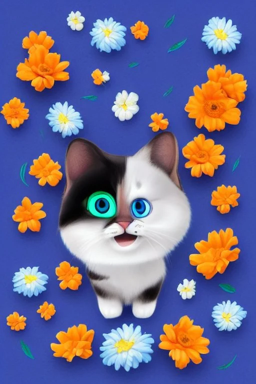 Blue and orange chibi pixar cats with big lifelike eyes and flowers