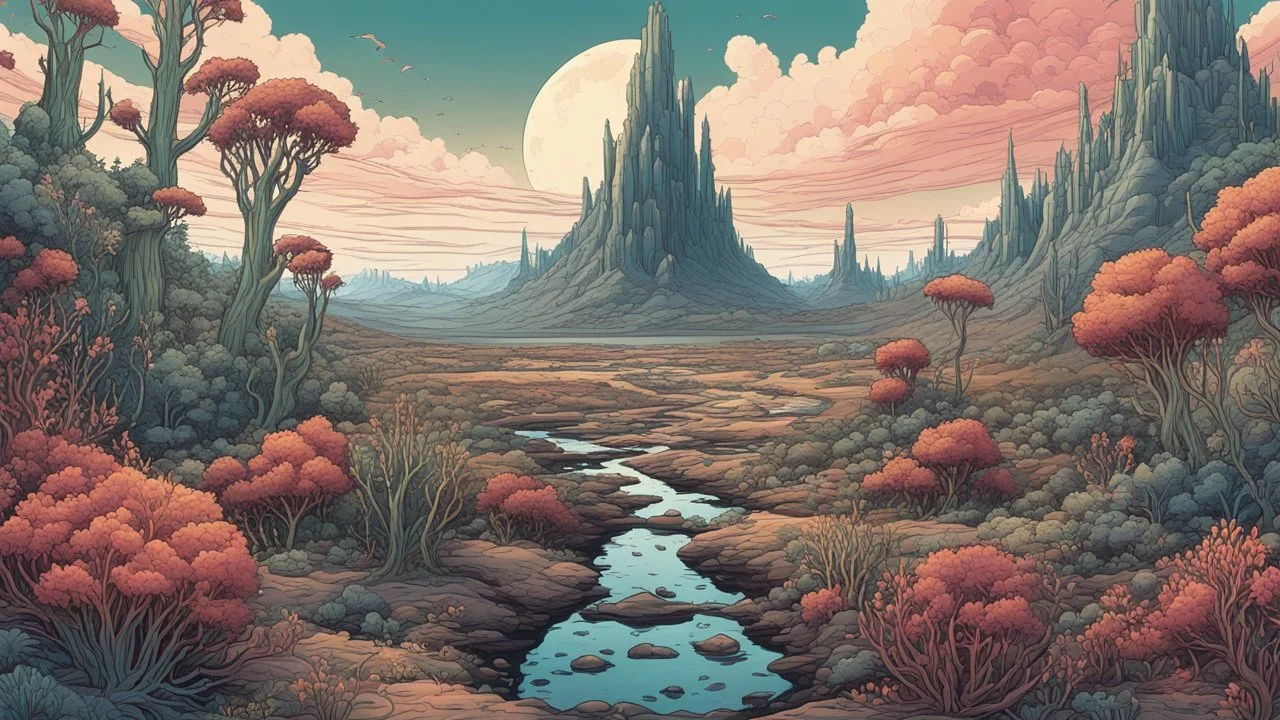 comic style, highly detailed ,gorgeous otherworldly landscape, otherworldly plants
