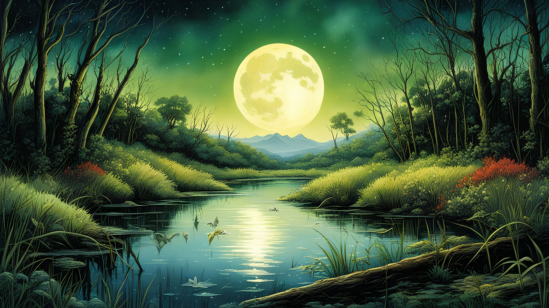 Swamp marsh Poison green red Soft watercolors digital watercolors painting illustration masterpiece raining shooting stars twinkling stars glistening stars glittery stars full moon stars full moon intricate motifs perfect composition masterpiece insanely-detailed extreme-detailed hyper-detailed beautiful volumetric deep rich colors volumetric lighting shadows Ray tracing, Mark Brooks and Dan Mumford, comic book art, perfect, smooth