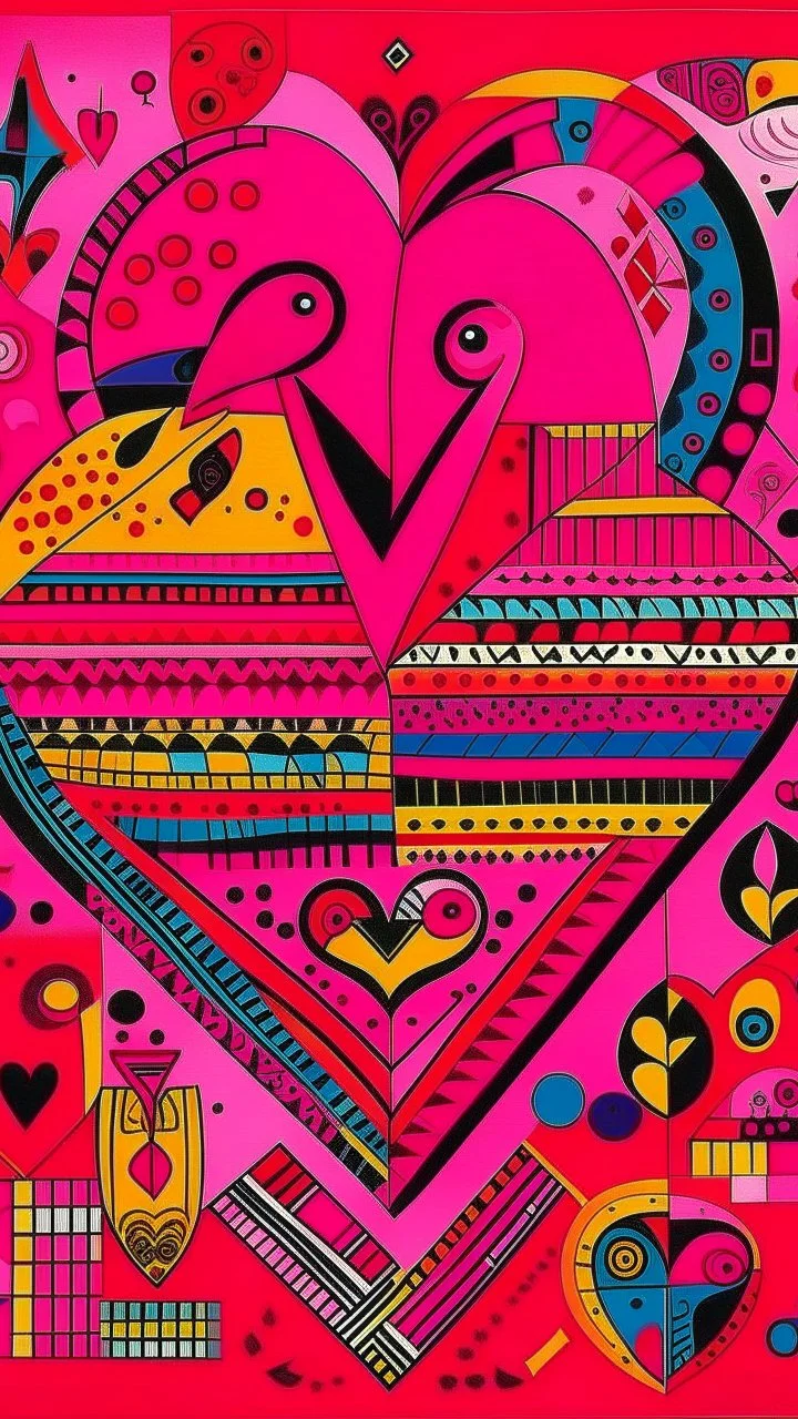 A pink realm of hearts and love designed in Kuna Molas painted by Wassily Kandinsky