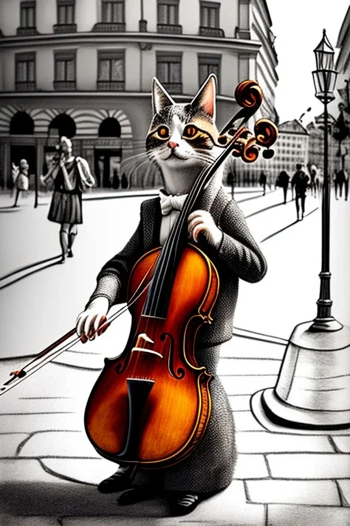 One single mature cat playing violin in the street , Vienna, smiling, sunny day, model style, hyper realistic, extremely accurate, delicate, extremely detailed, Graphic novel style, wide-angle, open aperture, superfine pencil