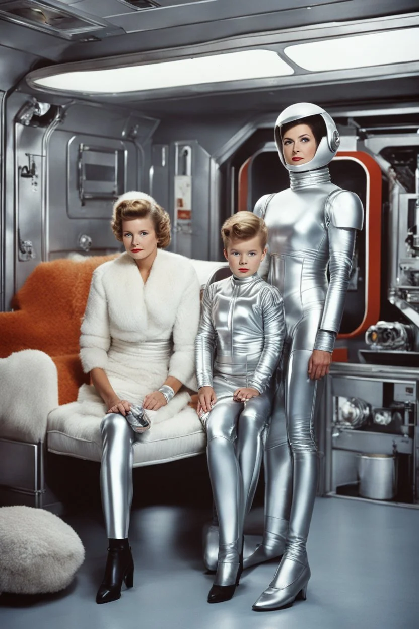 1950s traditional Christian family in space station family room but mom is a futuristic female silver android in a latex silver android suit. Only mom is an android. Mom has a normal human face, with silver sci-fi makeup. Mom is robotically cleaning up, while the rest are sitting watching tv