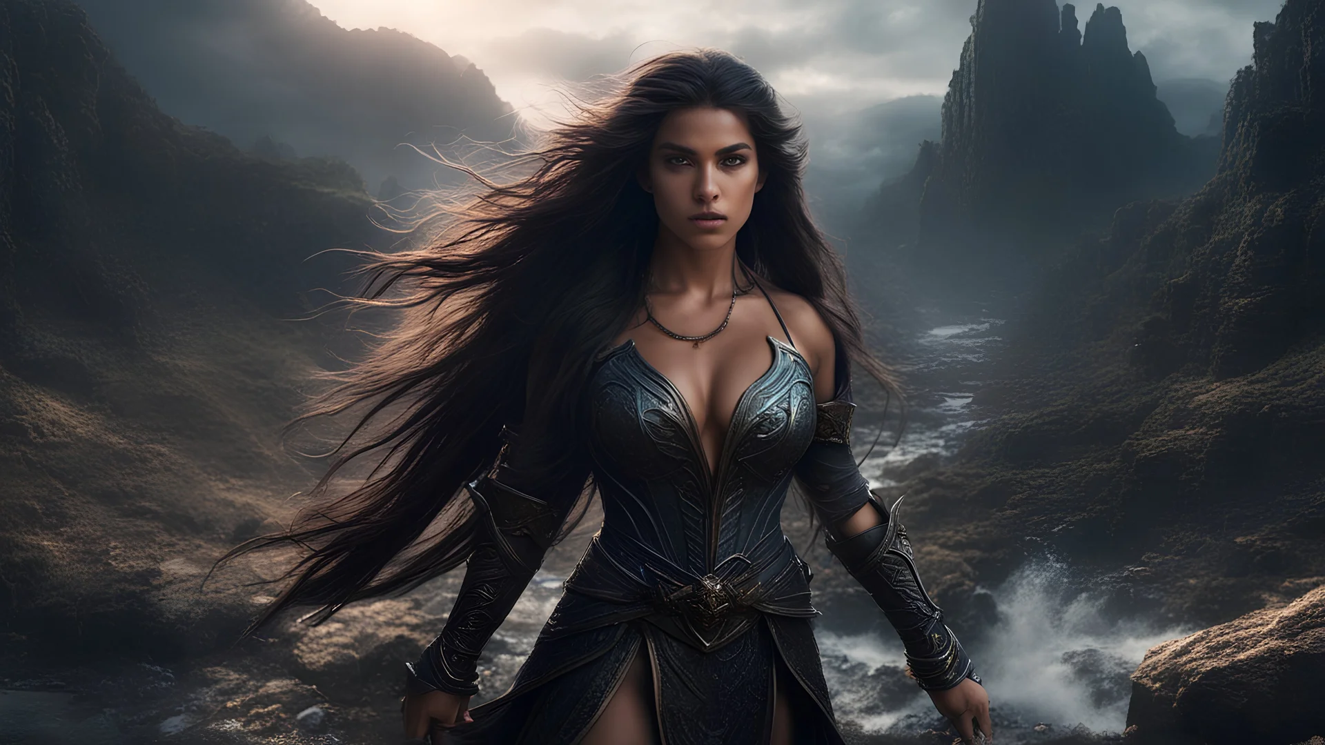 ultra wide angle, epic magical scene in a fantasy Landscape, Insanely detailed female body, in different cinematic model scene, detailed eyes, very long hair, angry and intimidating, dark fantasy, dark comics, perfect composition, beautiful detailed intricate insanely detailed octane render trending on artstation, 8k artistic photography, photorealistic concept art, soft natural volumetric cinematic perfect light, chiaroscuro, beksinski, greg rutkowski