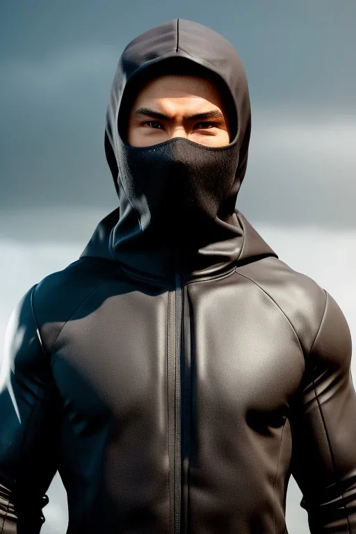 muscular ninja assassin, athletic build, wearing black and gray baggy pants with pockets, dark hood and balaclava mask, tan skin, big boots, dark hazel eyes, eyes are both in proportion, 3/4 look, short brown hair, standing, dark cobblestone alley, one halo white light behind head, non photorealistic rendering in the art style of j.scott campbell