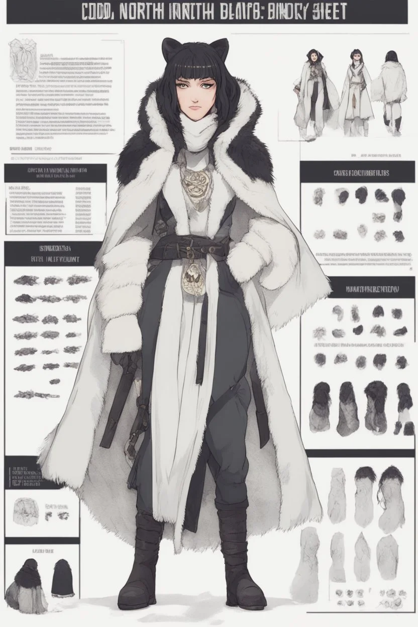 A dnd character sheet. A woman dressed for the cold north dressed in dark furs, with black hair