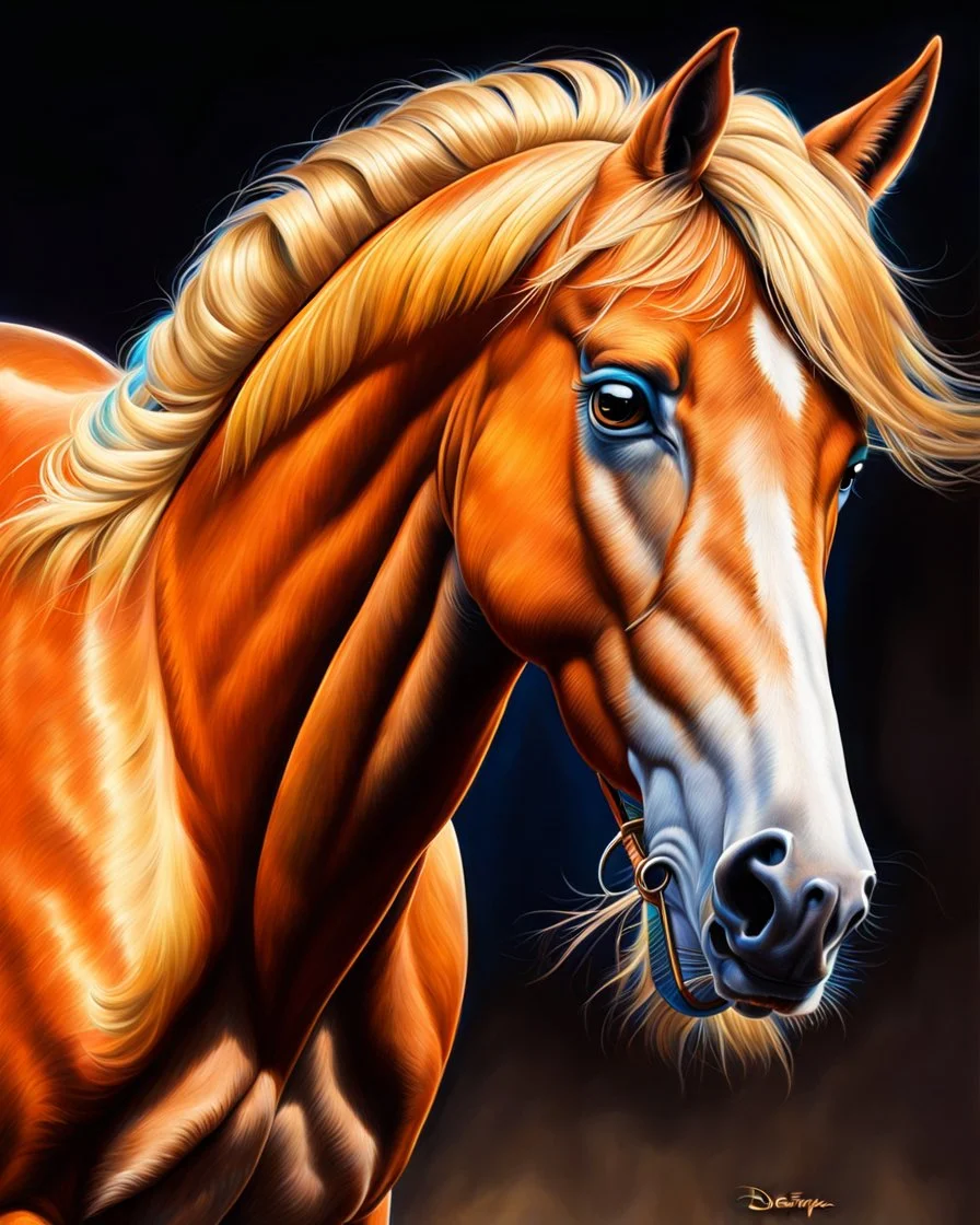 Disney Pixar drawing of a palomino horse, ultra quality, hyper detailed, contrasting colors, incredible colors, incredible artwork, maximalist