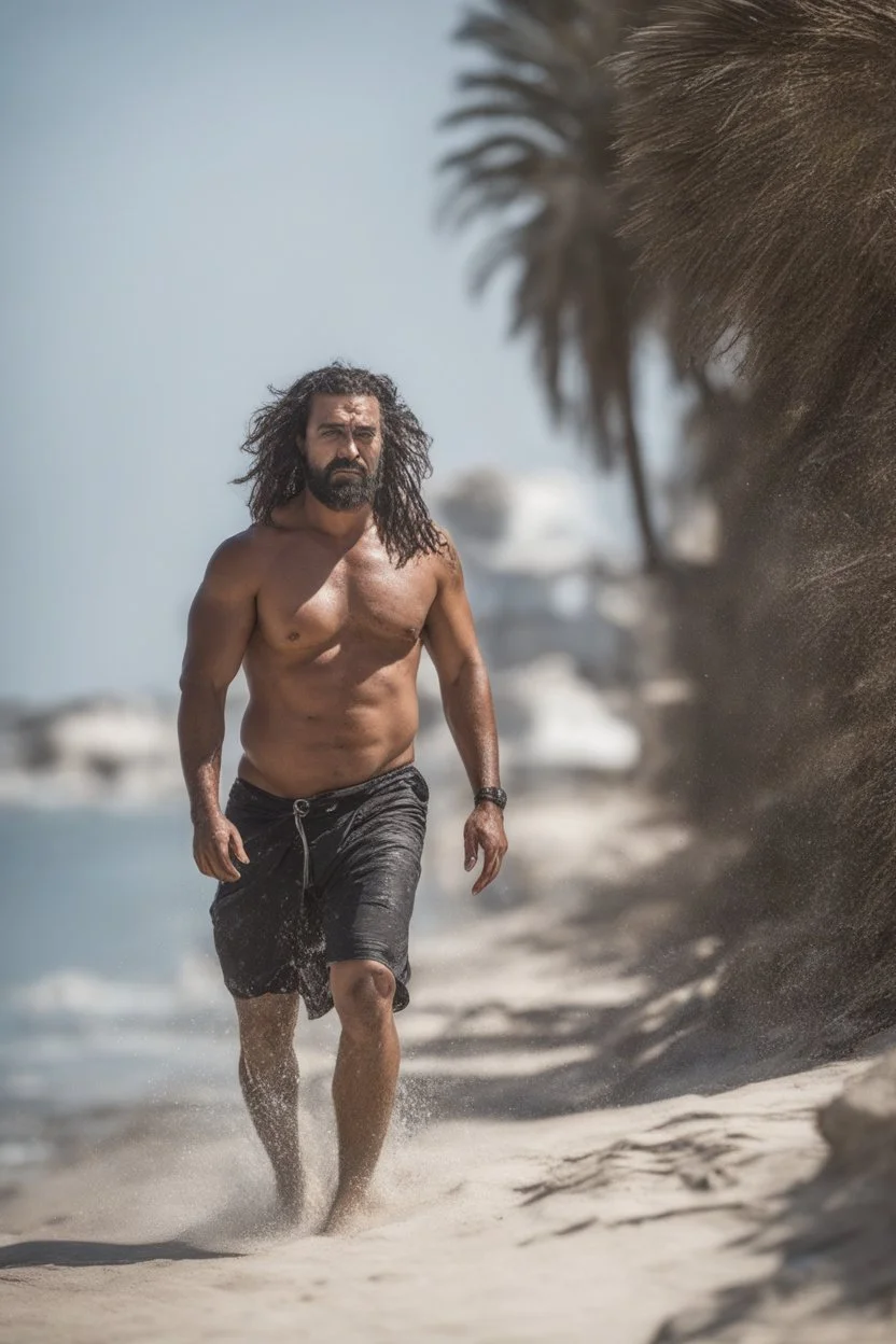 full figure shot photography of an angry strong muscular beefy burly 38 years old ugly arab fisherman, short beard, dreadlocks, shirtless, manly chest, bulging swimwear, angry eyes, walking on the beach in the sun, side light, sweat and wet, ground view angle