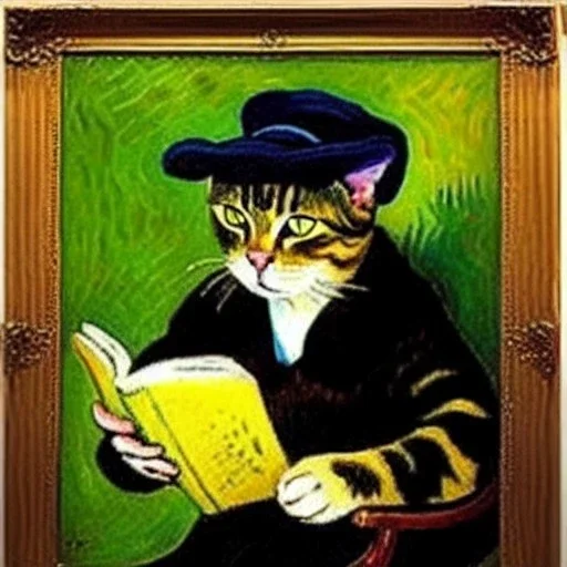 oil portrait of a cat with hat reading a book by Van Gogh