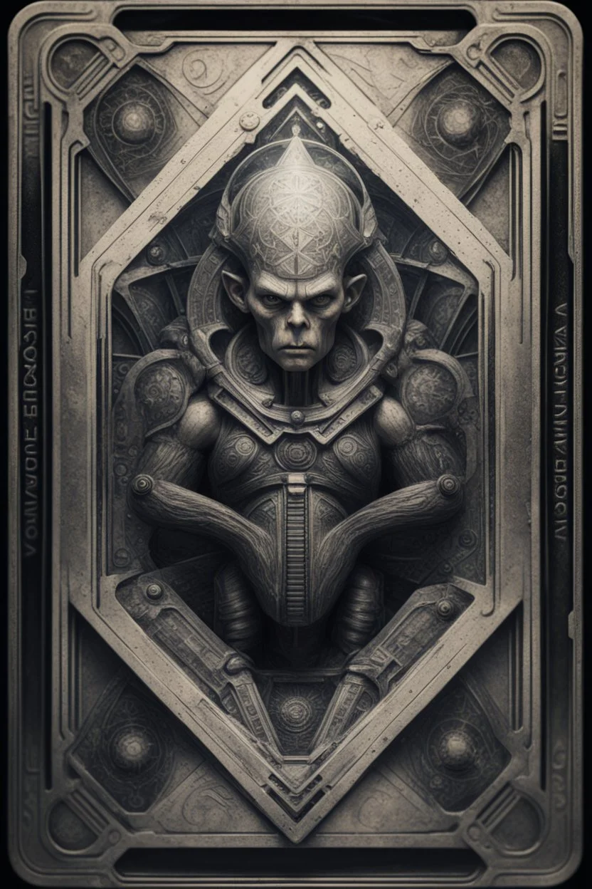 sacred geometry framed playing card, hyper violent ogre space captain team in the style of Giger and fallout 4 ,,bokeh like f/0.8, tilt-shift lens 8k, high detail, smooth render, down-light, unreal engine