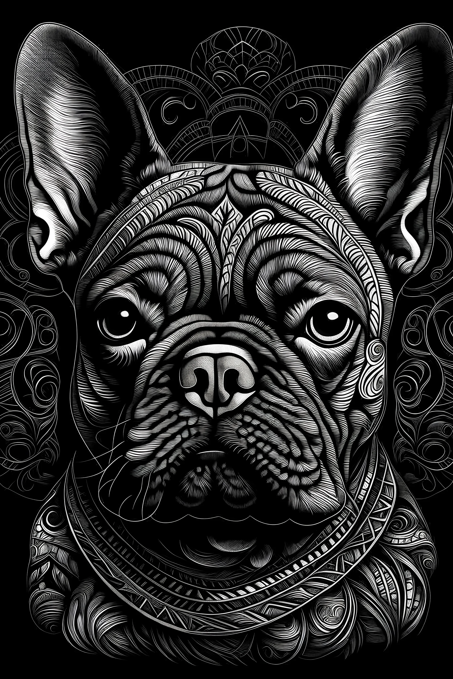 A hyper-realistic French bulldog drawn using lines that look tribal, black background