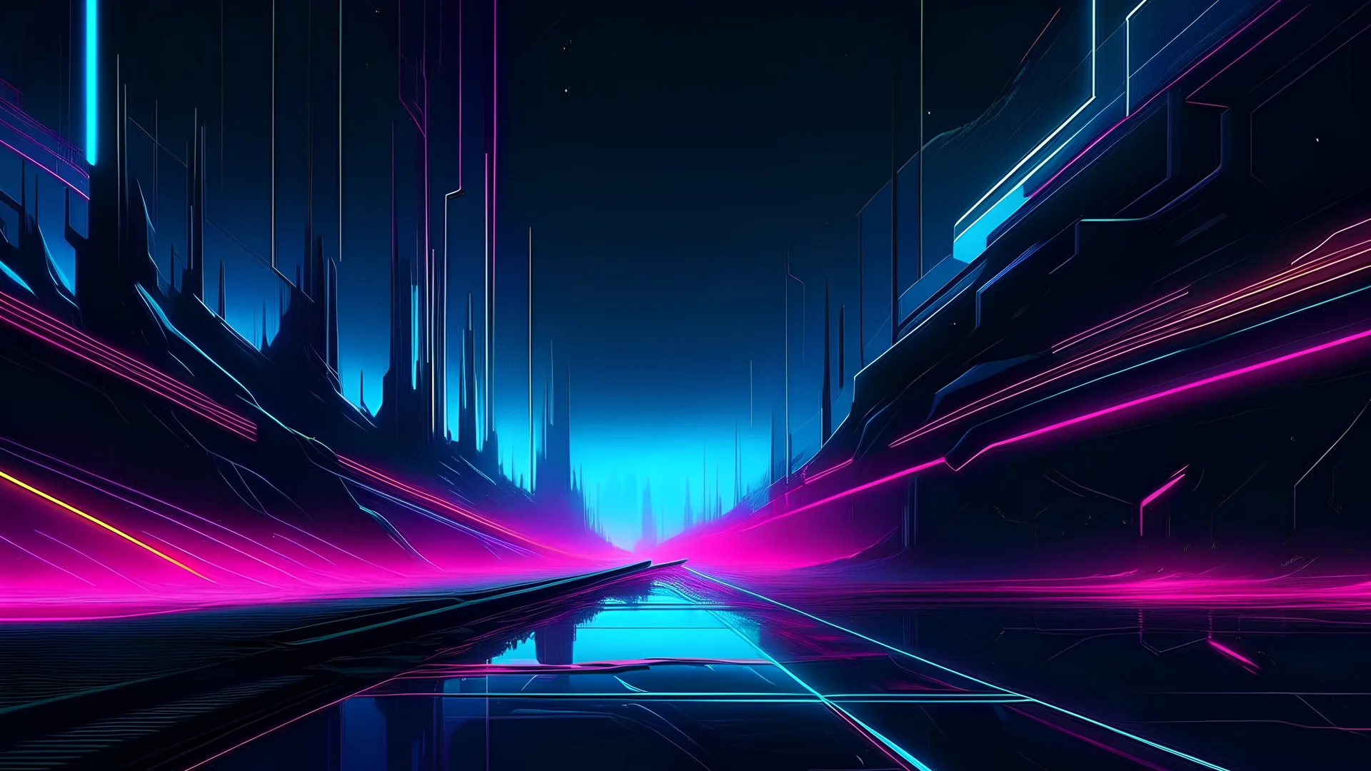 un voyageur de l'inconnu, naviguant à travers un univers futuriste et électrique. Les nuances sombres de la palette de couleurs synthwave fusionnent avec des éclats lumineux, créant une atmosphère mystérieuse et immersive. Les lignes dynamiques s'entrelacent, évoquant un sentiment de mouvement infini à travers le vide. L'ensemble de l'image projette une esthétique saisissante, parfaitement alignée avec l'essence sonore du genre musical