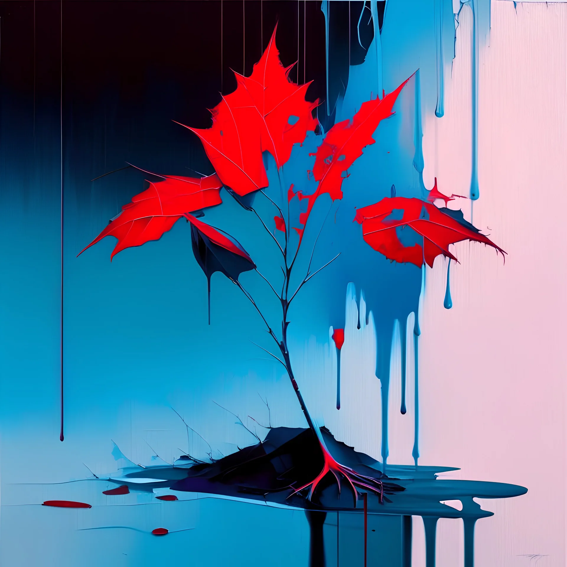 Minimal abstract flat oil painting of a neon red large leaf plant in landscape. With triadic blue colours. Dripping paint. In the style of Justin Mortimer and Phil Hale, Ashley Wood