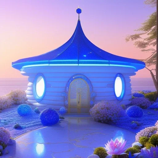 landscape of african celestial blue temple ambient beutiful villa white gold and neon lights bright and blue bright gloss effect of a futuristic house,like spaceship, natural round shapes concept, large transparent view of the open outdoor garden,sea beach,blue sky , gold crystals,with light blue, flowers of Lotus, beutiful pools, light of sun , palmiers,cerisiers en fleurs, wisteria, sun , stars, small waterfalls