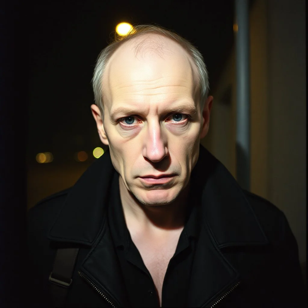 Grainy photo, grunge, 2000s Russia, punk, criminal, rough, confident, older male, extremely pale skin, portrait, night
