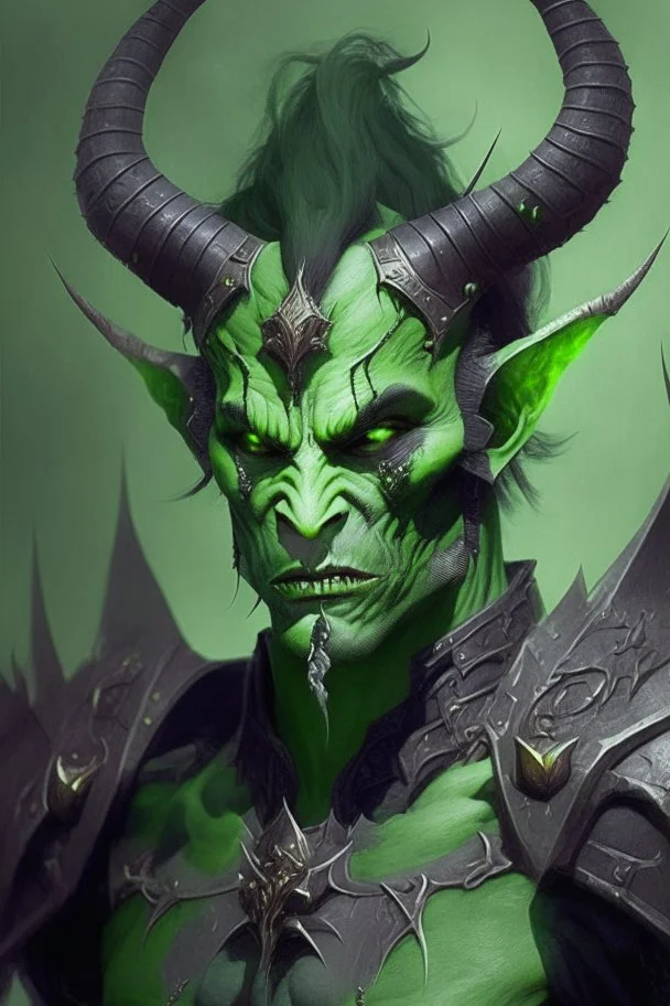 Demonio hombre de piel verde hermoso con cuernos pequeños y armadura negra y verde