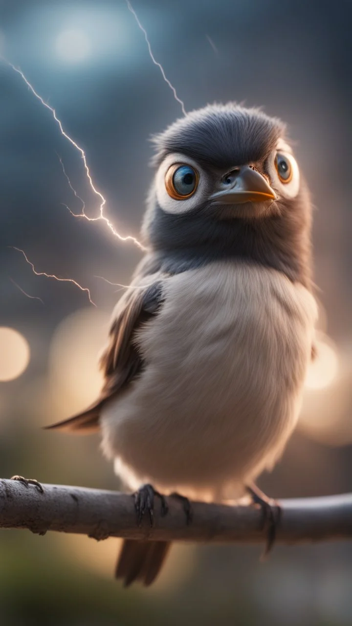 bird getting hit by lightening, with big disturbed eyes,bokeh like f/0.8, tilt-shift lens 8k, high detail, smooth render, down-light, unreal engine, prize winning