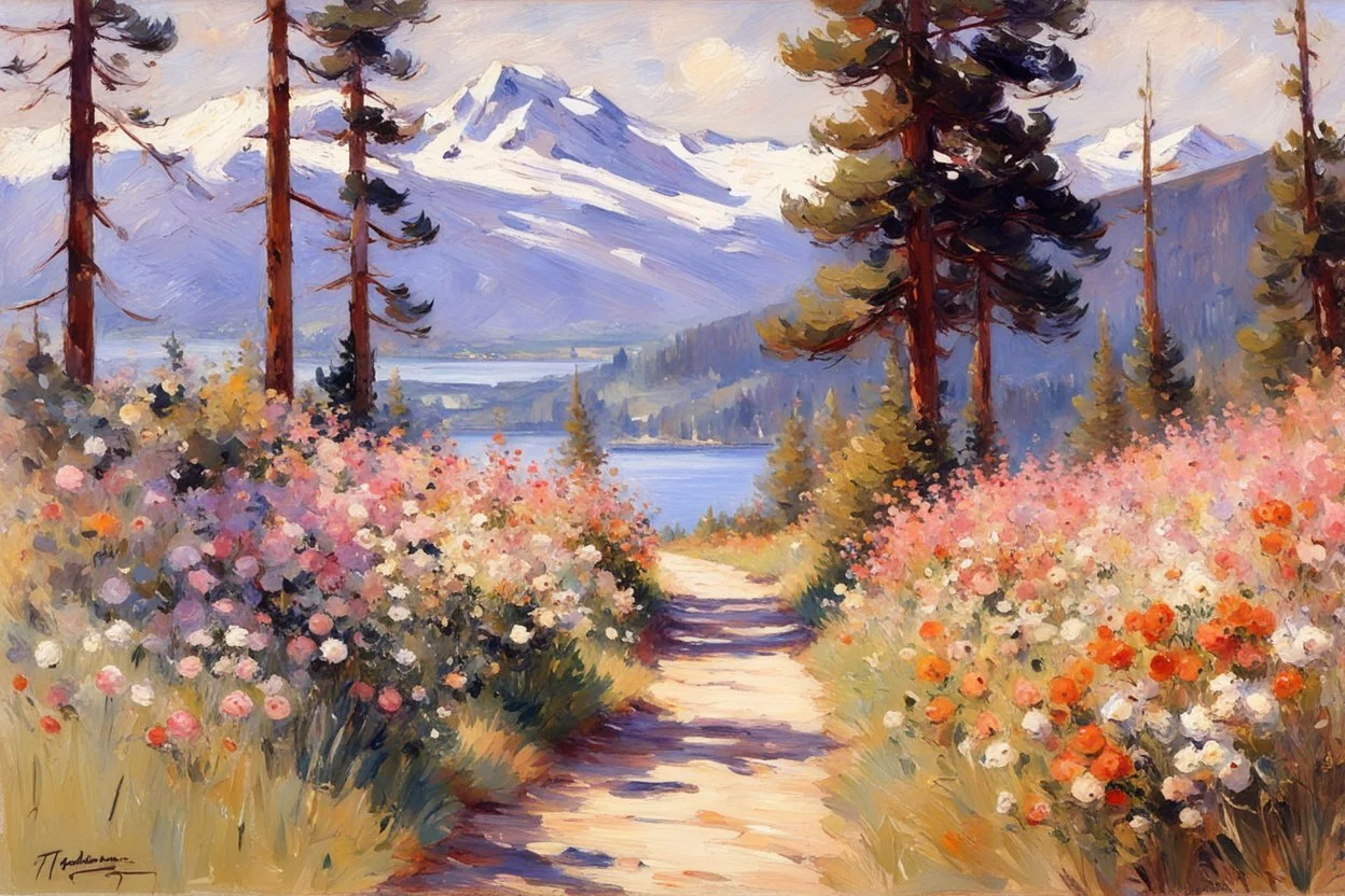 Mountains, lake, flowers, pathway, pine trees, sunny day, theodore robinson impressionism painting