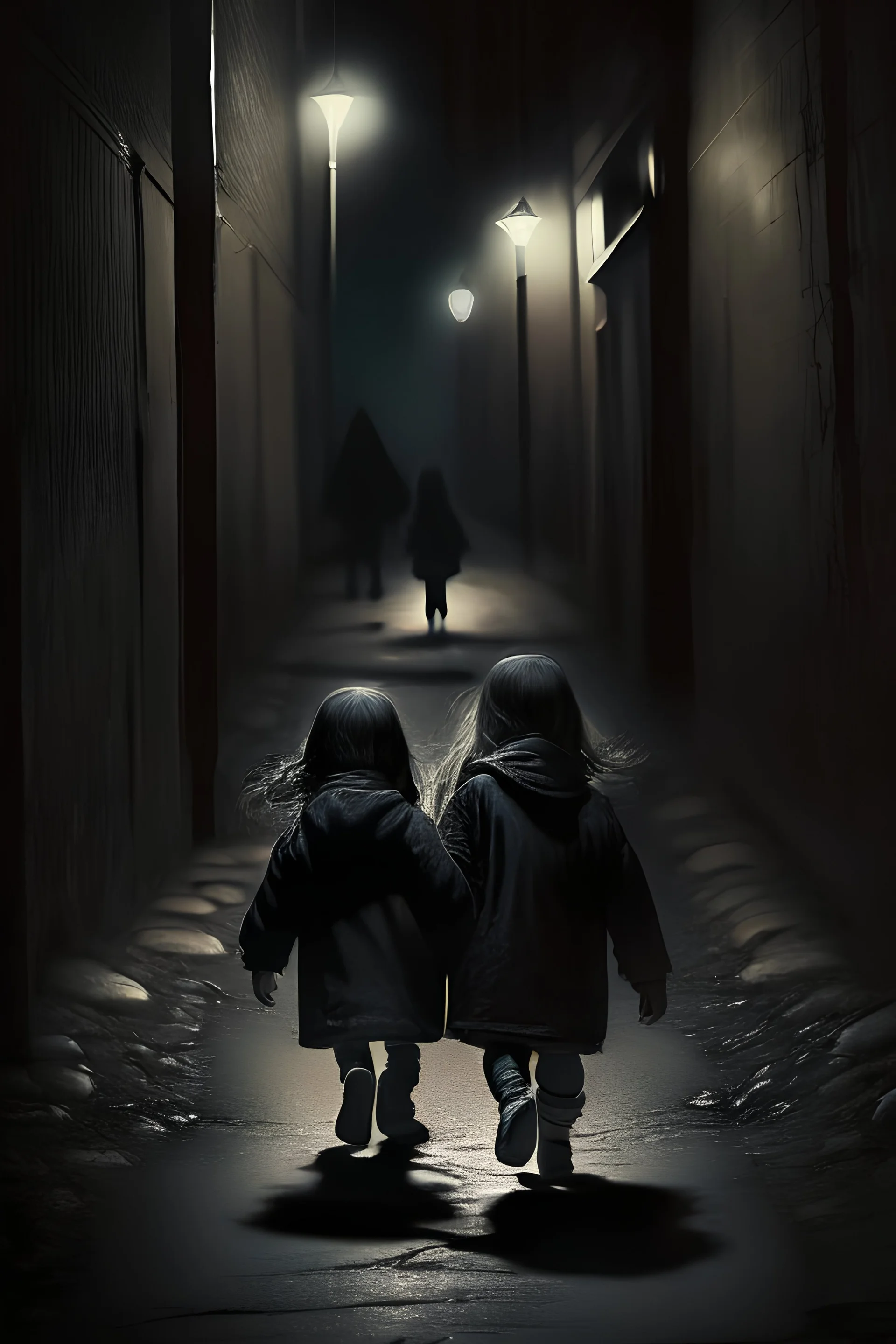 des petits enfant marchent dans des sombres rues