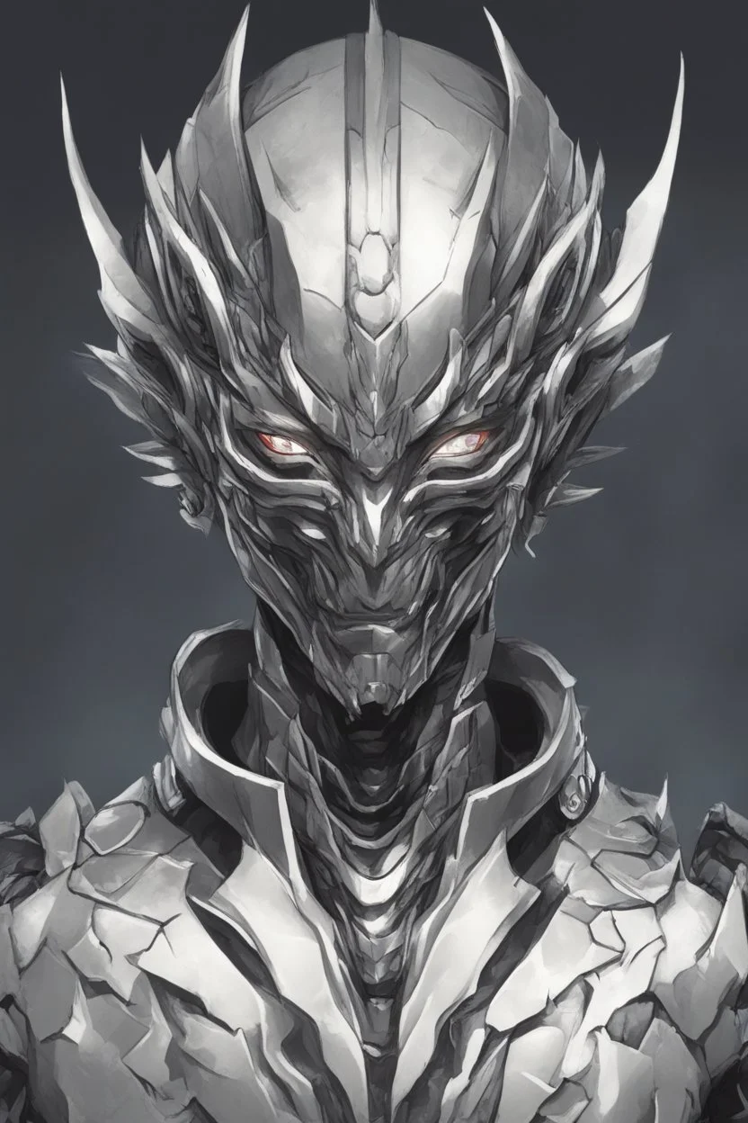 Logo silver skinned anime Dragman cyberpunk with dragon mask in his eyes full body