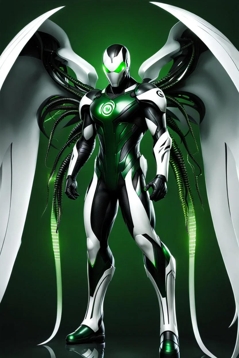 Cyborg symbiote, white color, green color, tendrils, high tech, cyberpunk, biopunk, membrane wings, carbon fiber, cyber tentacles, and the other two.