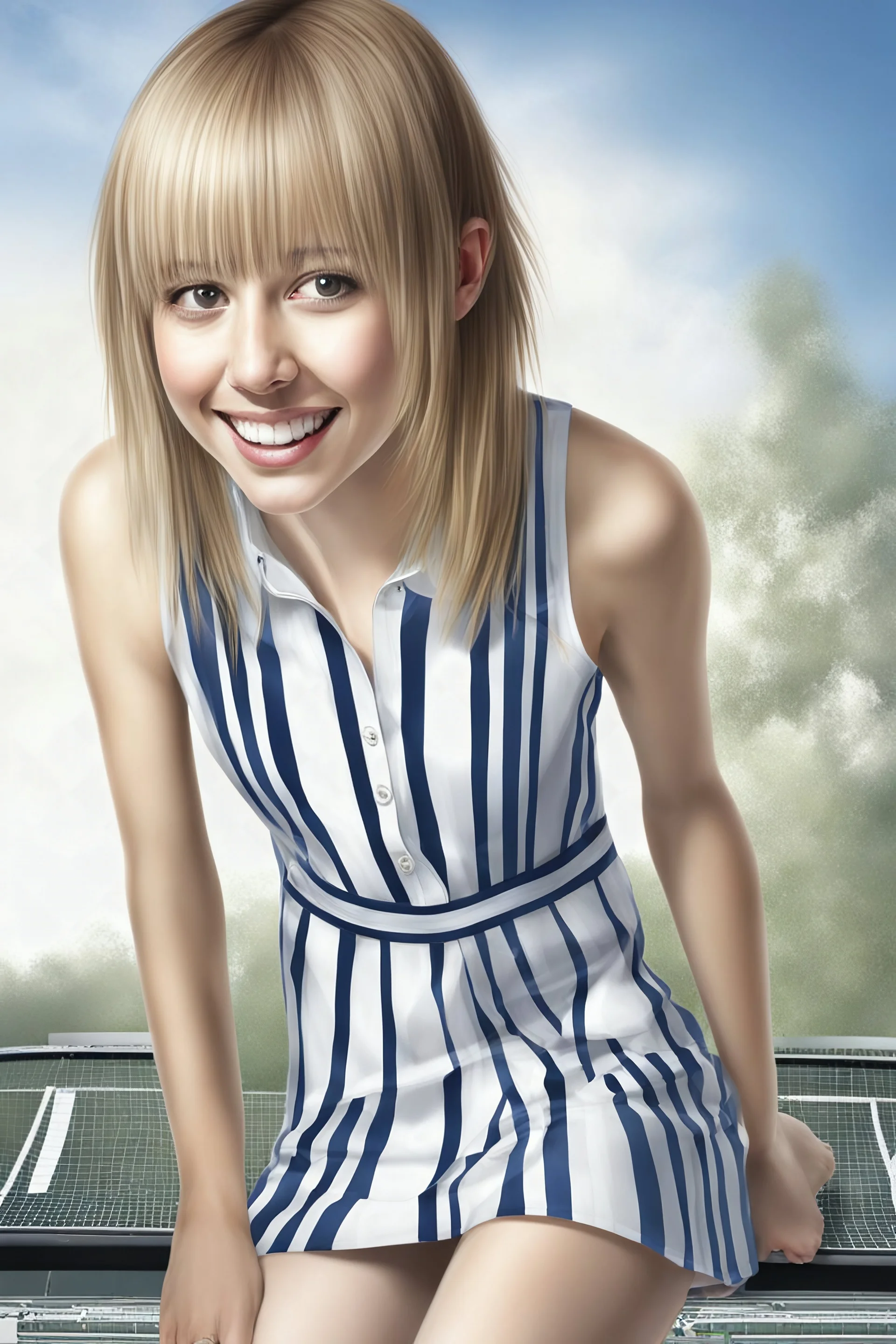 realistic stock photo, Realism engine, General Fast V2 (Flux), Create a realistic image of a female with long, straight blonde hair, the bangs cut straight across the forehead, hazel eyes, wearing a sleeveless, strapless, blue and white-striped nylon extremely short mini dress with a plunging neckline, knee high white socks and black converse tennis shoes, happy facial expression, in the style of Boris Vallejo, Frank Frazzetta, Leonardo da Vinci, Julie bell, 4k, 8k, 16k, 32k. 100k UHD