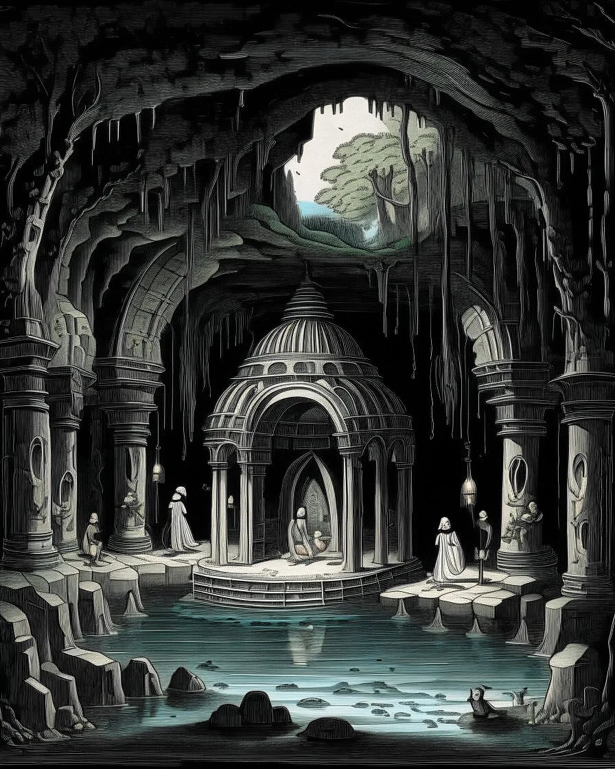 A black grotto with watery springs temple designed in Bayeux tapestry painted by Giovanni Battista Sassi