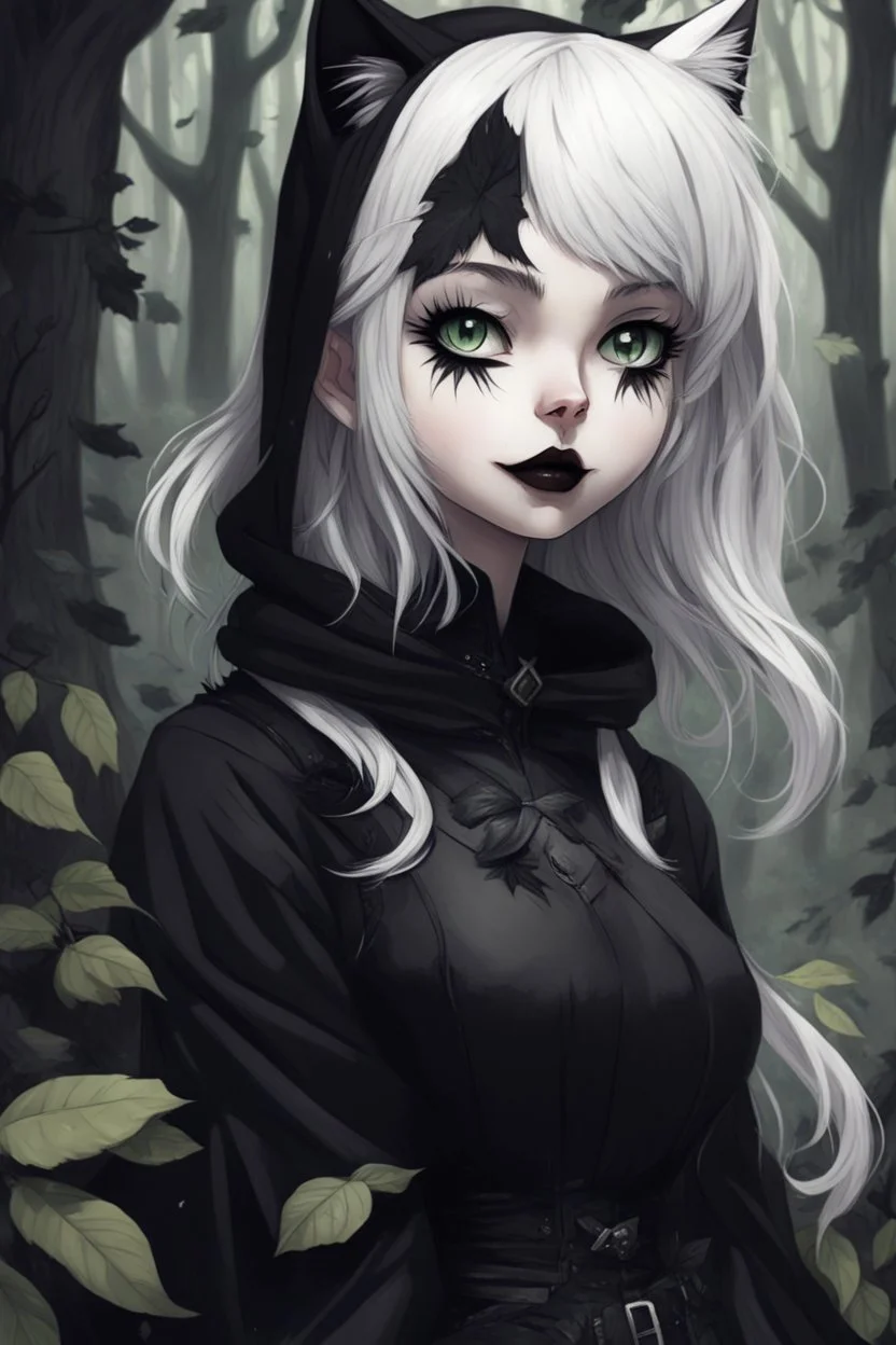 CAT GIRL, goth, forest, nature, cartoon, leaves, half black half white hair