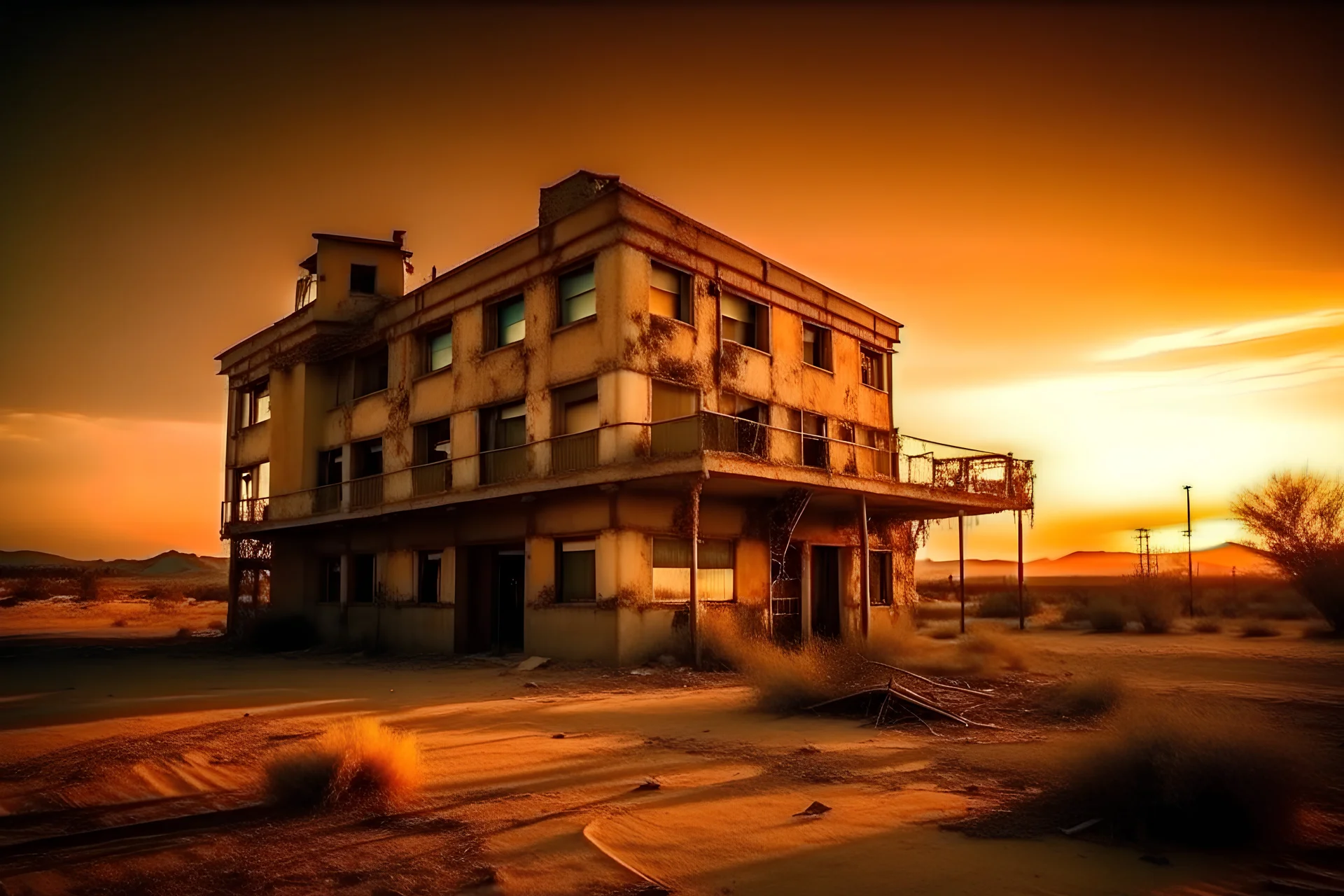 abandoned hotel, near road, desert places, warm colors, huge broken luminous on the roof