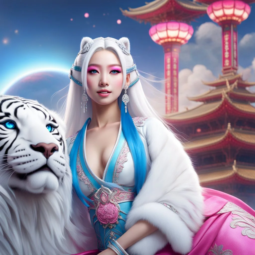 (masterpiece, best quality, 8k, RAW photo, beautiful and aesthetic:1.2), complex detail, Indirect light, photorealistic, (((full body))), 2 Gorgeous Cosmic asian goddess smiling, long curved white hair, blue eyes, Mixed, sci-fi and traditional asian outfit with pink velvet and white furs, riding a white tiger in a colorfull Sci-Fi environment with bokeh