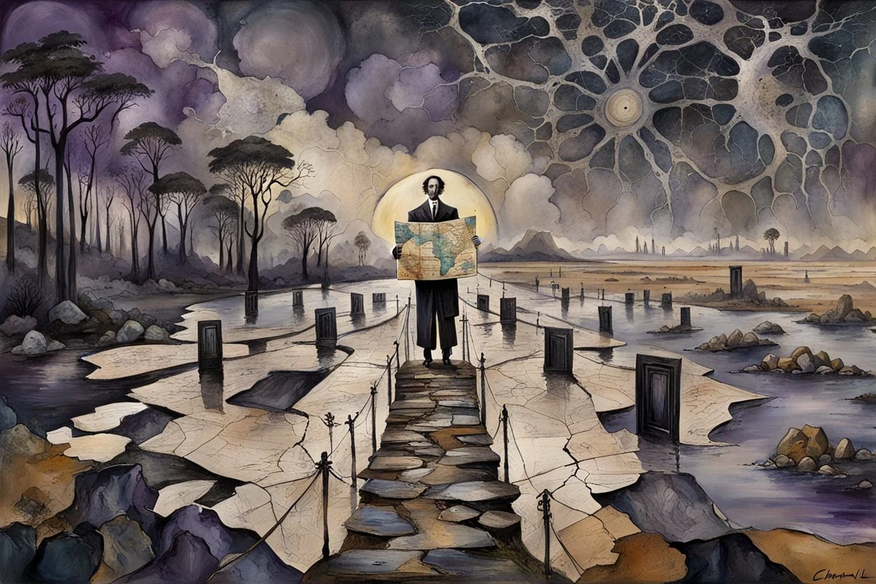 inner world , atypical world, in midle an alone human figure in weird alternative clothes stands on the thin bridge with a big map his hands , weird whimsical landscape, forest, and Sahara water and rocks,, around surreal cracked painted weird land with some black doors. dark purple, gray, black, white, brown. Whimsical style of Chagall , of Minjae Lee and Anton Semenov, lonely with absurd beauty. broken, weird bizarr,e absurd nightmare, neuron network background, surreal vibe
