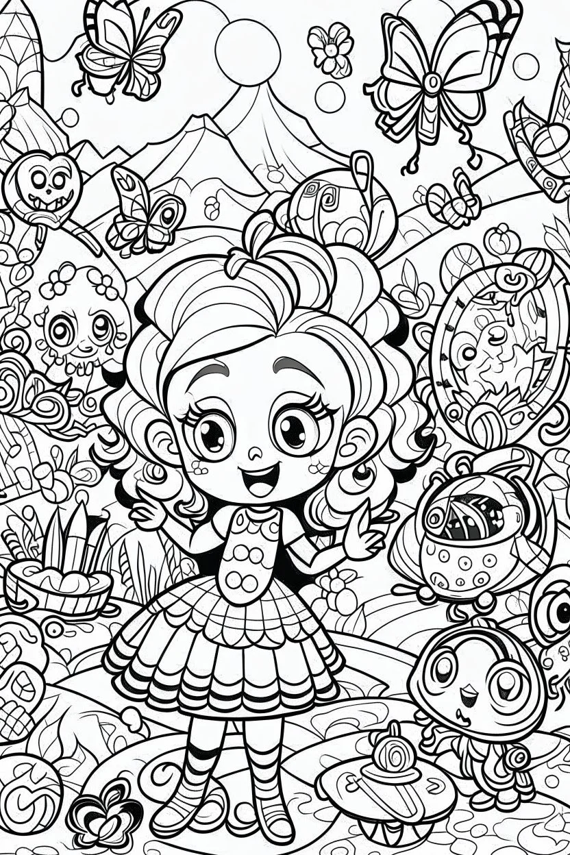 coloring pages for kids, Texto " Lisbeth Del Valle " en alta definición, caracterizado al estilo de Cute hello kitty, halloween y flores, ilustración, mariposas,renderizado 3d, vibrante, 3d render, typography, cartoon style, thick lines, low detail, black and white, no shading, --ar 85:110