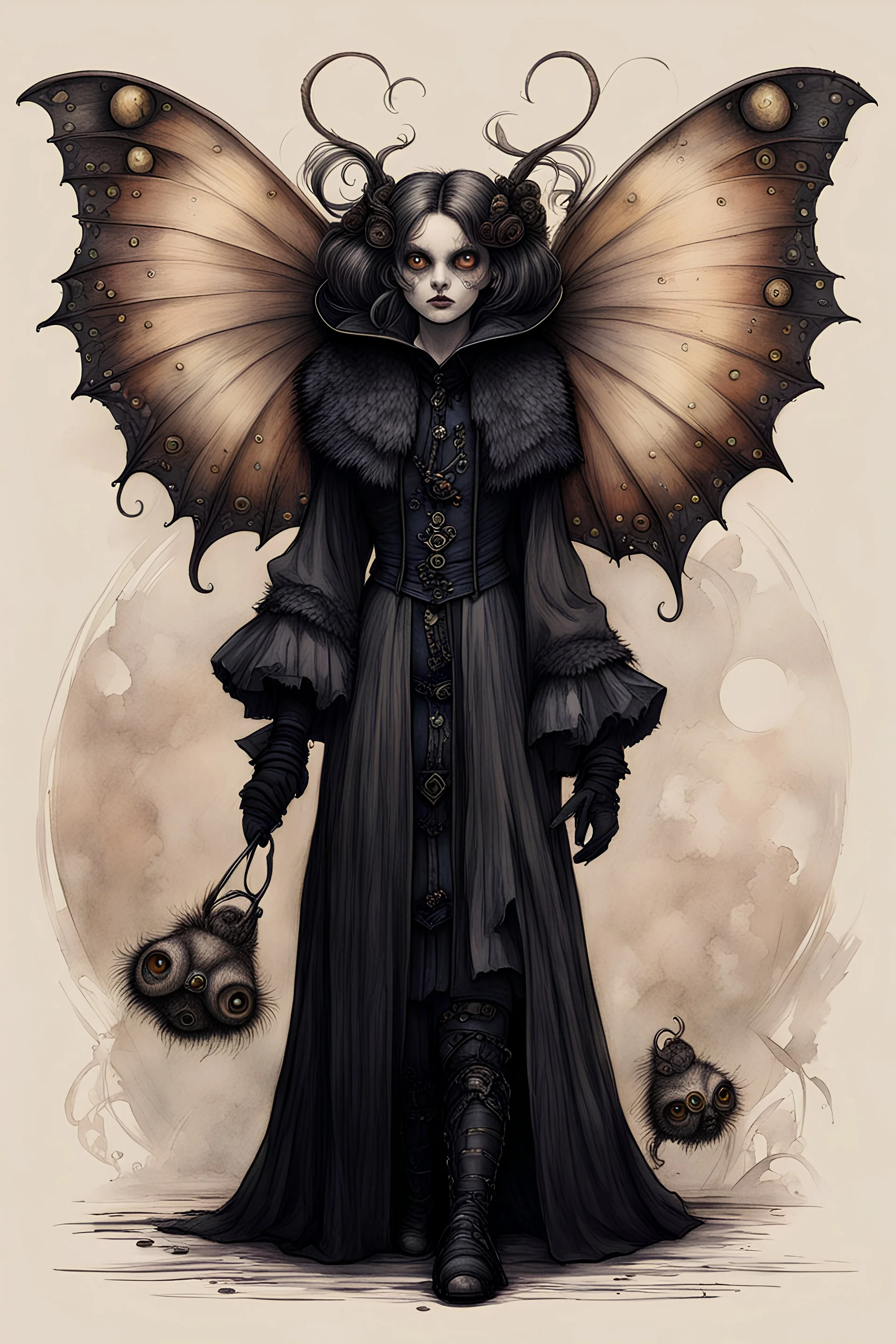 Jean-Baptiste Monge style 19th century hand drawn full body portrait dark gothic fantasy illustration of a walking hybrid Polyphemus moth goth girl, with highly detailed facial features with large multi cellular eyes, drawings, 8k, vibrant natural colors,