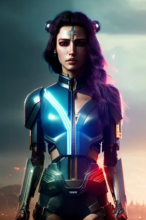 Cyborg warrior, waist up portrait, 8k resolution, intricate details, ornate details, soft lighting, vibrant colors, retroanime, masterpiece, intricate eyeliner, dark eyeshadow, eyes, wild blue hair, intricate tattoos, jungle background,
