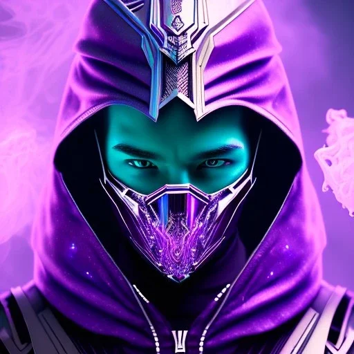 purple galaxy masked hooded super villain, weapons in hands, teal and purple smoke, full portrait, hyper realistic, 4k, symmetrical