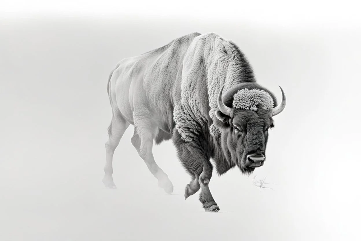 Bison walking towards viewer's right, on white background, fades out on the left