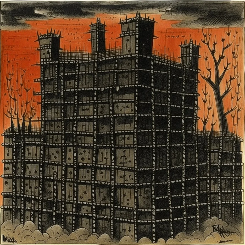 A black spongy fortress filled with chains painted by Paul Klee