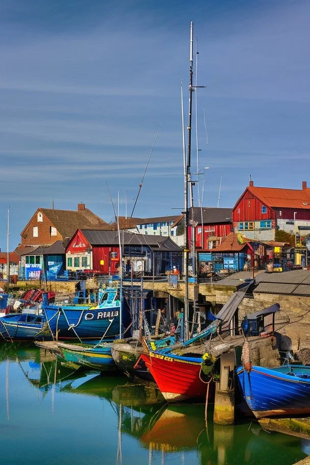 gothic, medieval, fishing town, rocks, long piers, fishing boats, shops, blue sky