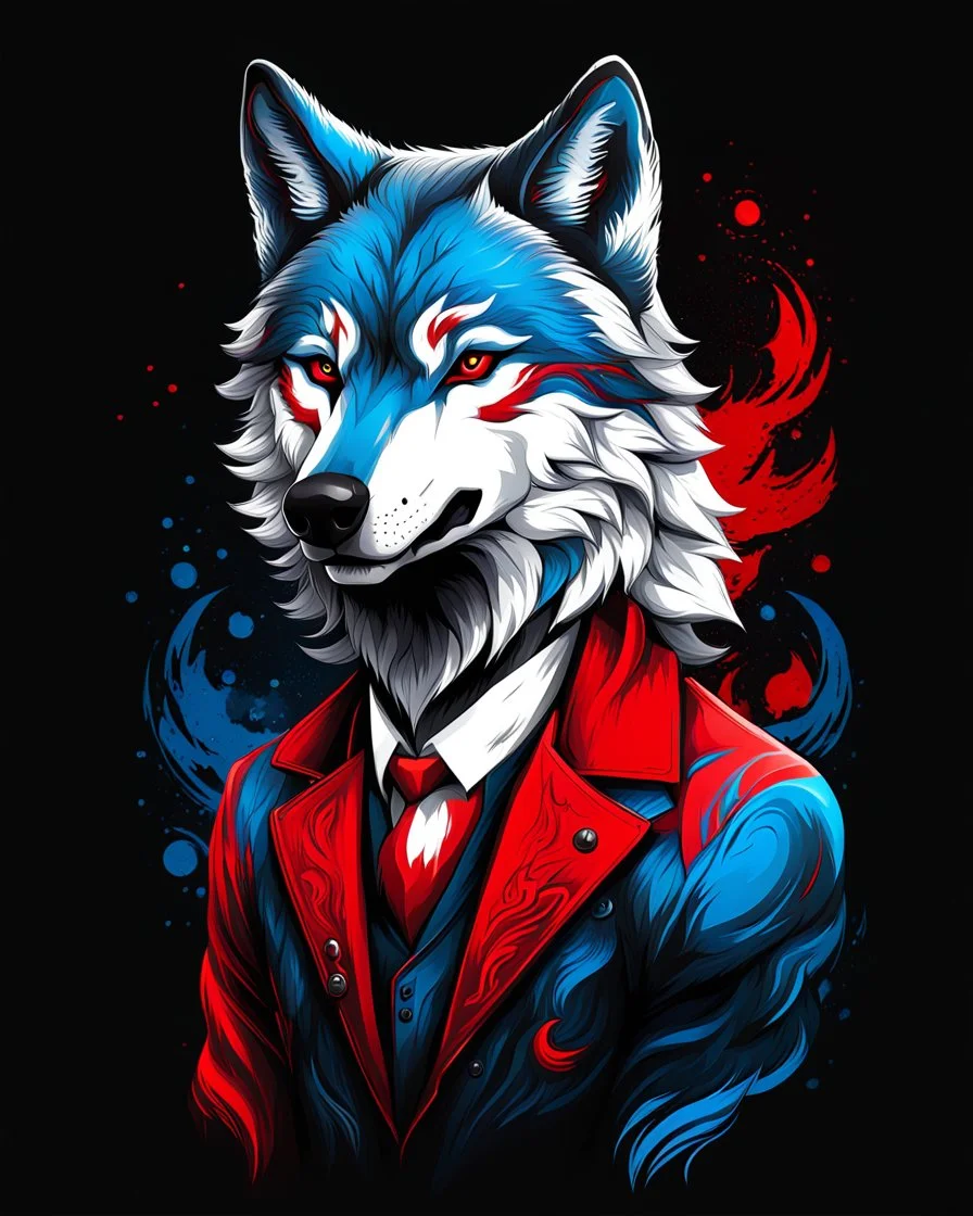 anthropomorphic wolf full body art illustration black background red, blue and white color full body